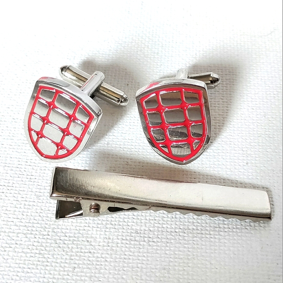 NEW 3pc. Cufflinks: "Crest-Shield" Stainless Steel/Enamel & Tie Bar. Bullet Back - Picture 1 of 6